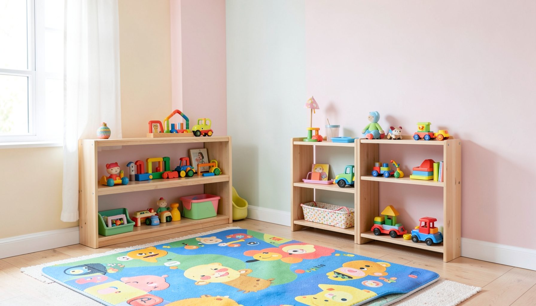 A bright, cheerful nursery room with soft pastel walls, colorful play mats on the floor, and wooden toy shelves against the wall