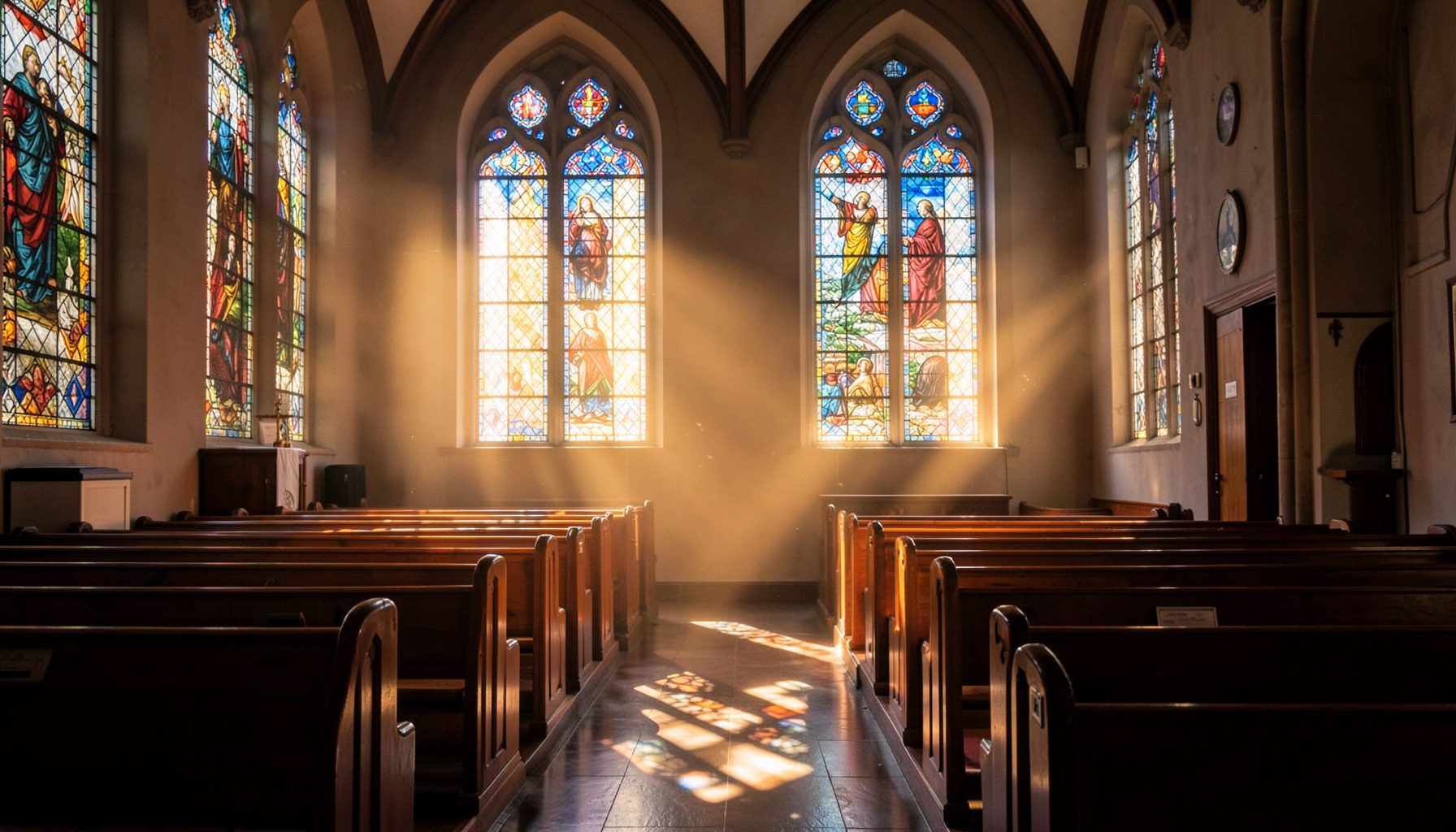 Sunlight streaming through tall stained-glass windows in a quiet sanctuary, casting warm amber and deep blue hues across wooden pews.
