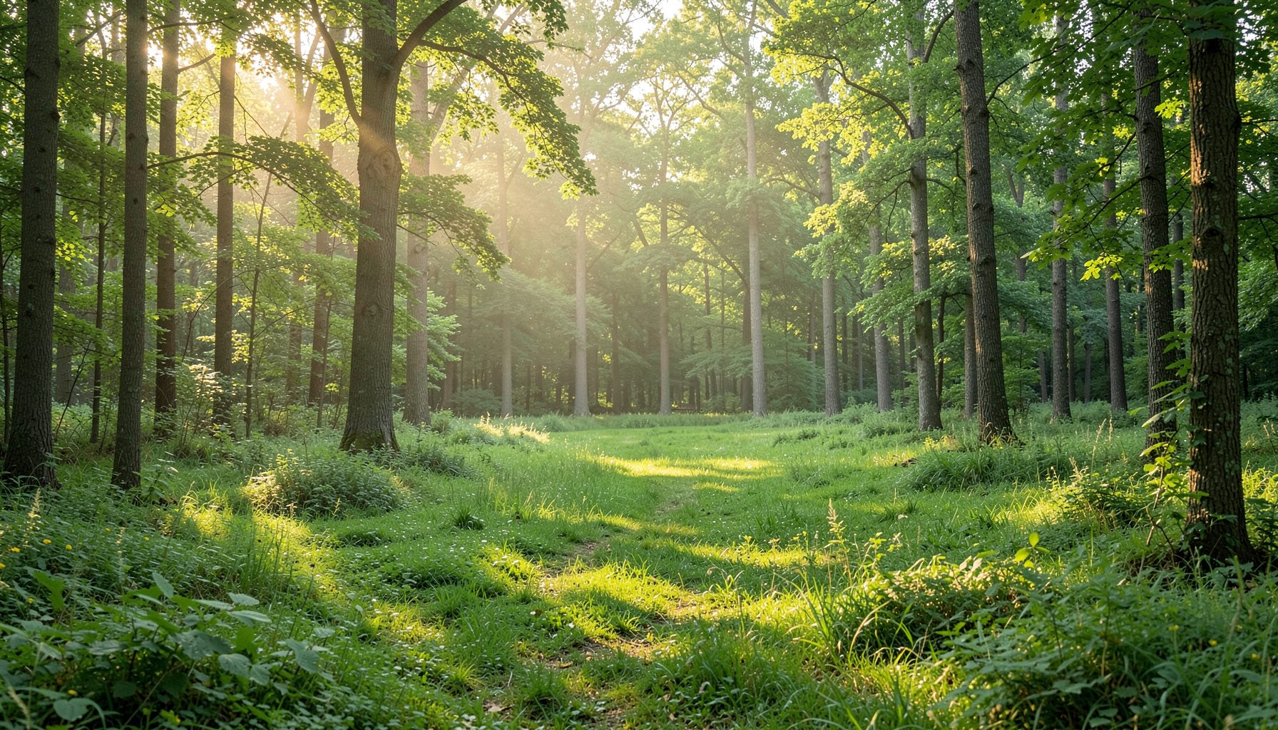 Wide view of a calm green forest clearing bathed in soft warm light, evoking a peaceful and welcoming mood