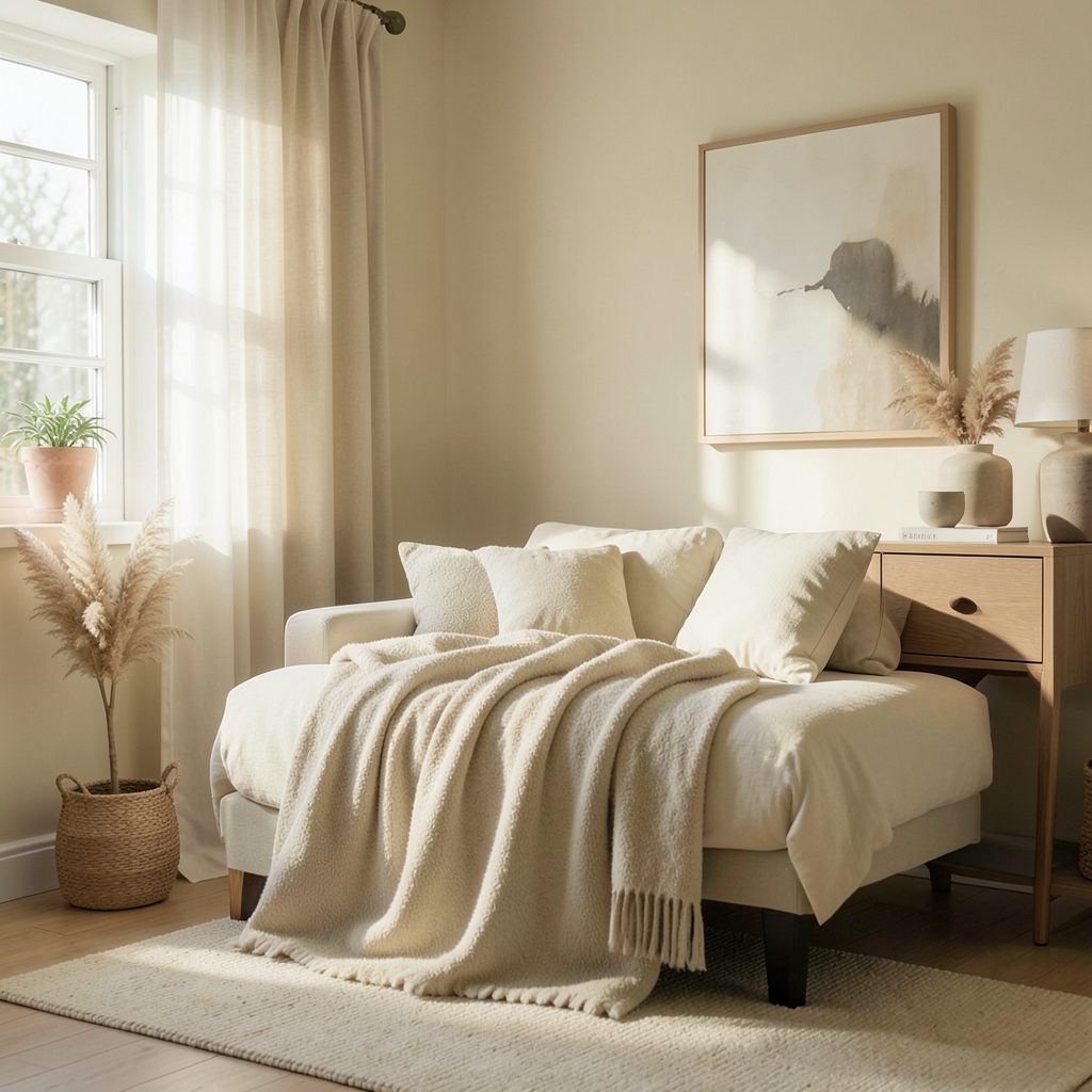 Warm cream and olive toned photo of a quiet room with soft light, welcoming and calm mood