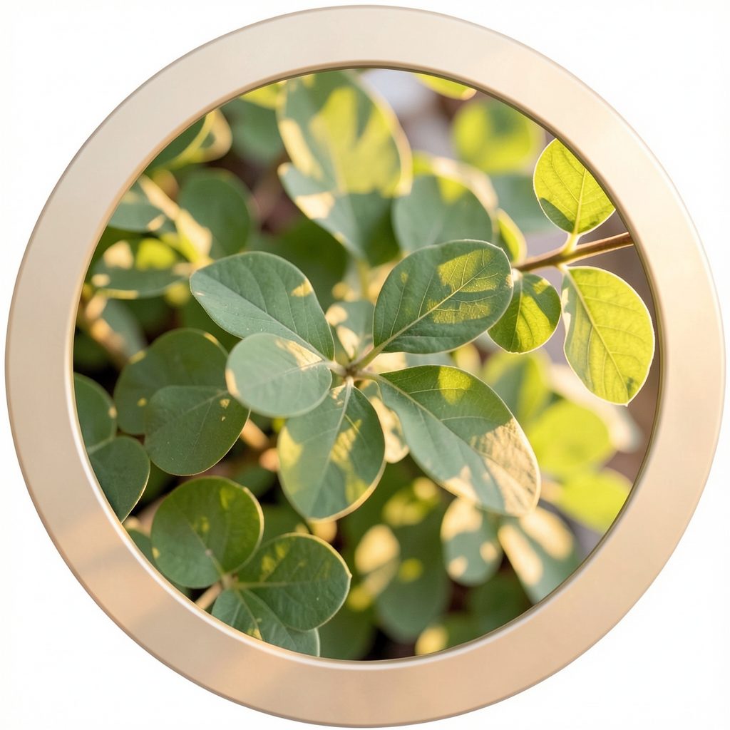 Circular framed photo of soft green leaves and warm sunlight, calm and inviting mood